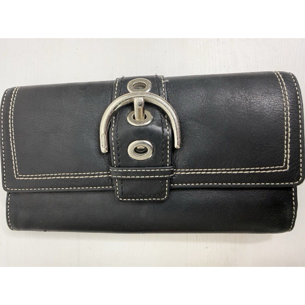 Coach Black Leather Buckle Wallet Checkbook Organizer Clutch Purse